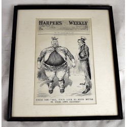 ENGRAVING: "Uncle Sam--Bill, You'd Look So Muuch Better in Your Own Clothes"...Political cartoon engraving from Harper's Weekly, June 13, 1908